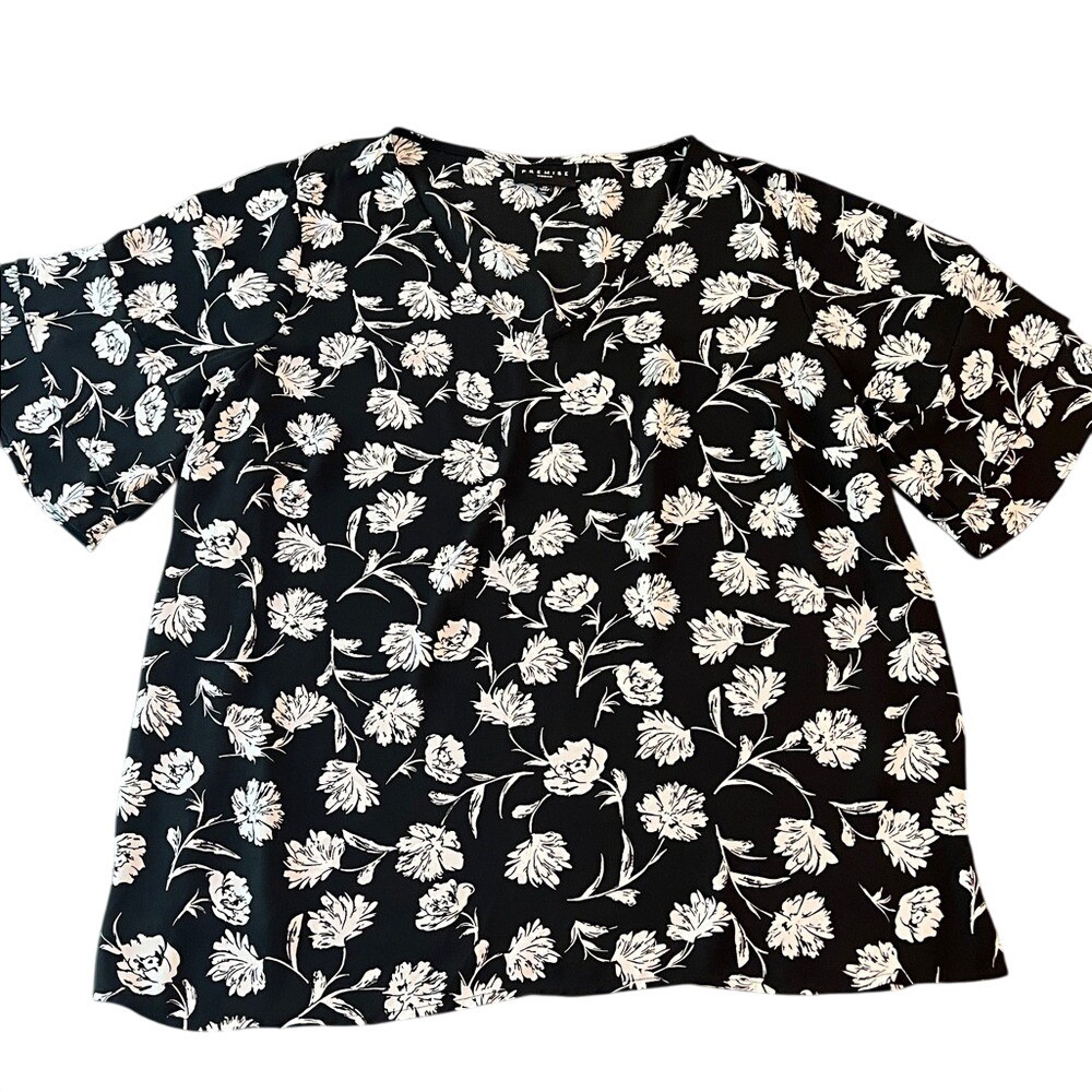 Premise Women's 1X Black White Floral V-Neck Flowy Blouse Double Ruffle Sleeve
